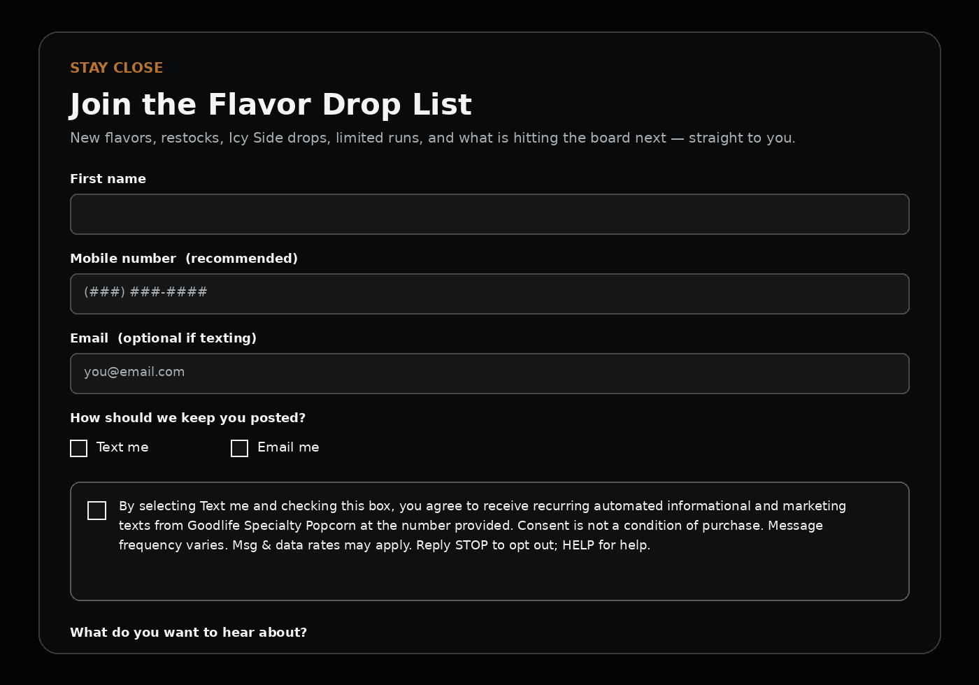 Goodlife Join the Flavor Drop List form showing the mobile number field, Text me selection, separate unchecked SMS consent checkbox, and SMS disclosure.